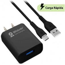 COMBO CARGA RÁPIDA: CARGADOR USB V3.0 + CABLE USB TIPO "C". NEGRO (6001561), BROBOTIX, - Garantía: 1 AÑO -