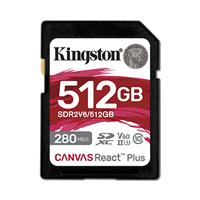 MEMORIA FLASH SD KINGSTON CANVAS REACT PLUS V60 / 512GB / UHS-II 280MB/SEG LECTURA, 150MB/SEG ESCRITURA  (SDR2V6/512GB), - Garantía: 99 AÑOS -